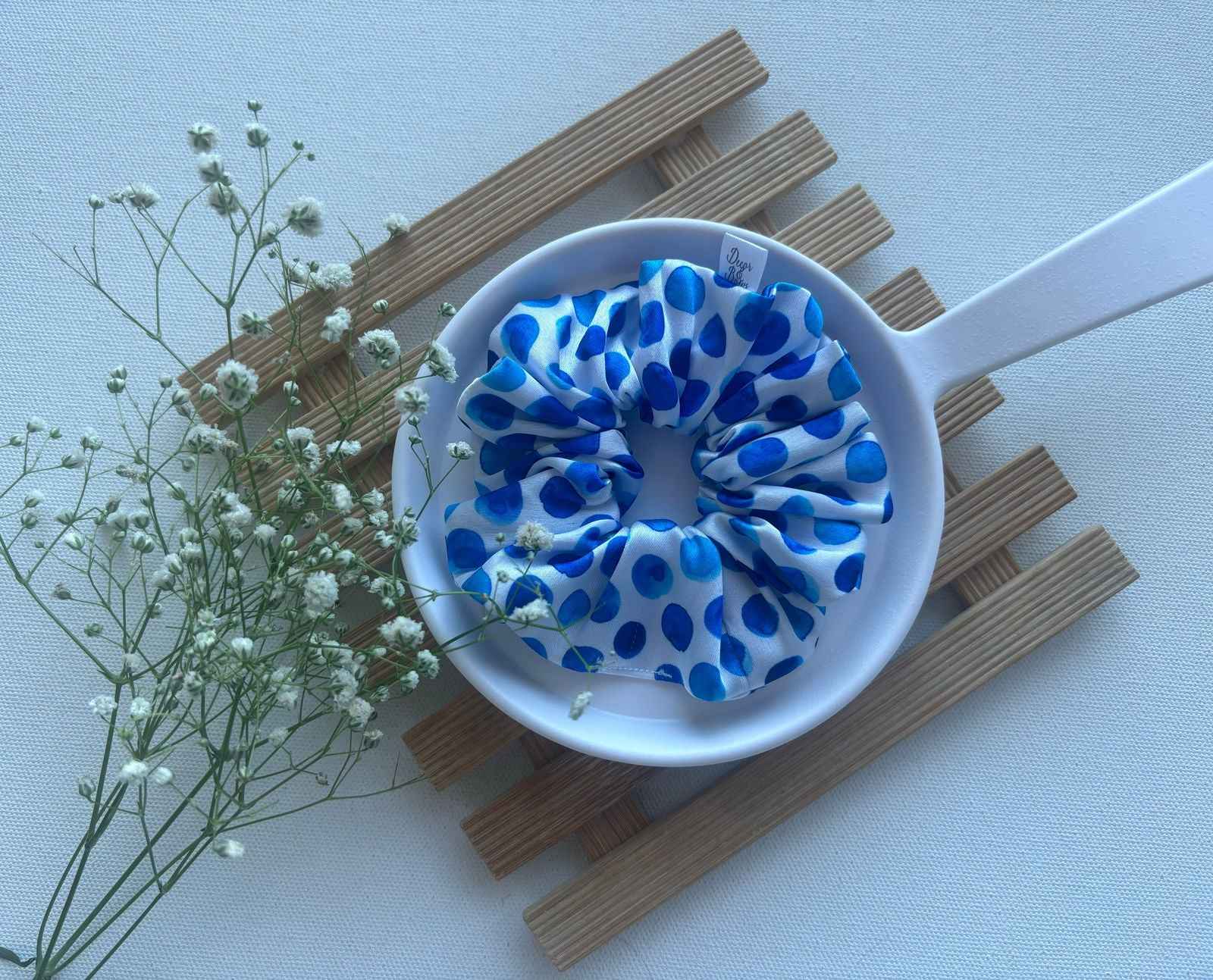 Miragge Blue Polka Scrunchie – Hair Accessory